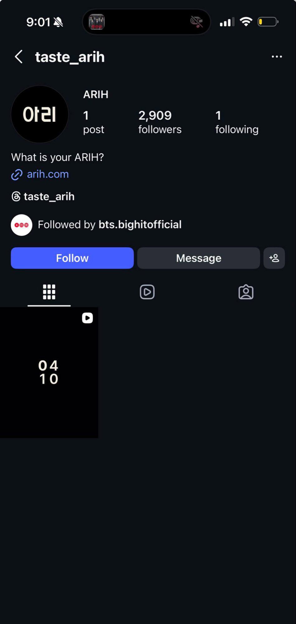 The taste_arih Instagram account followed by BTS official
